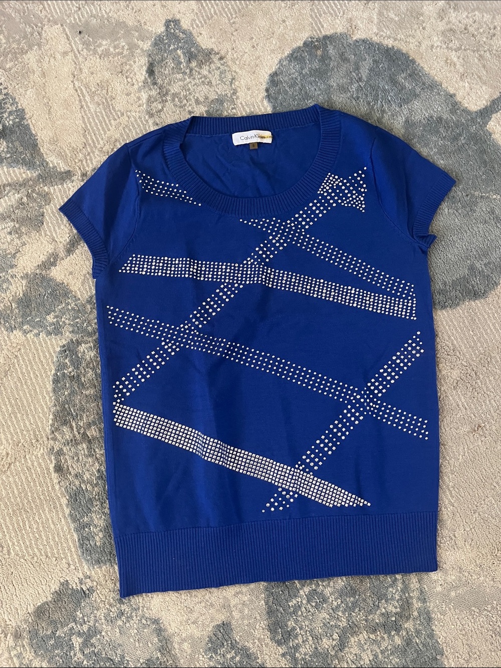 Calvin Klein Royal Blue Short Sleeve Knit Top with Silver Stud Detail
